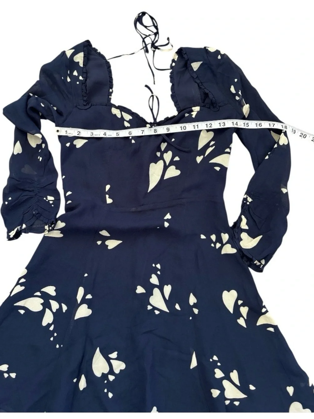 REFORMATION Remi Long Sleeved Mini Dress Navy Heart Pattern Sheer Sleeves Size 2
